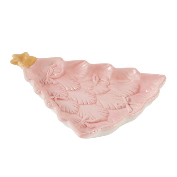 Set 4 Ceramic Pink Green Christmas Tree Sculpted Appetizer Plates Tray Platters - Picture 4 of 5